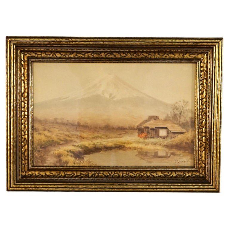 T. Kobayashi Japanese Meiji Watercolor of Mt. Fuji c1920: Antique Japanese Meiji Watercolor of Mt. Fuji with a Structure by T. Kobayashi c1920. Measures - overall 18"h x 24.75"w x 1.75"d; sight 12" x 18.5". *** OPTIONAL SHIPPING & DELIVERY - While onsite ret