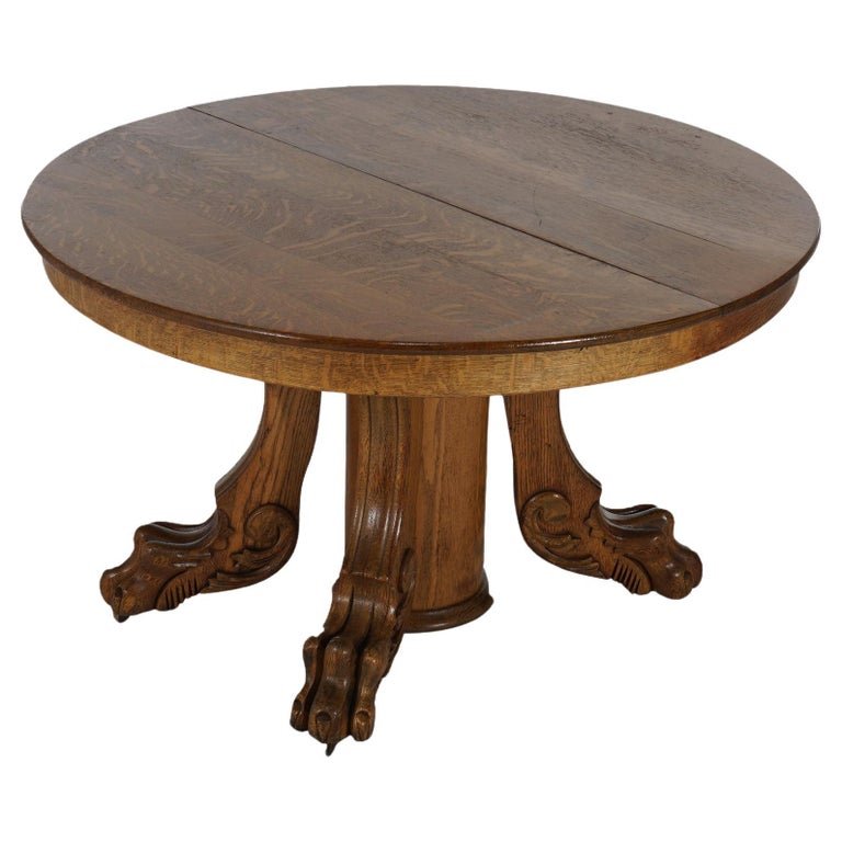 Horner School Round Carved Oak Clawfoot Dining Table & Six Leaves C1920 (1 of 14)