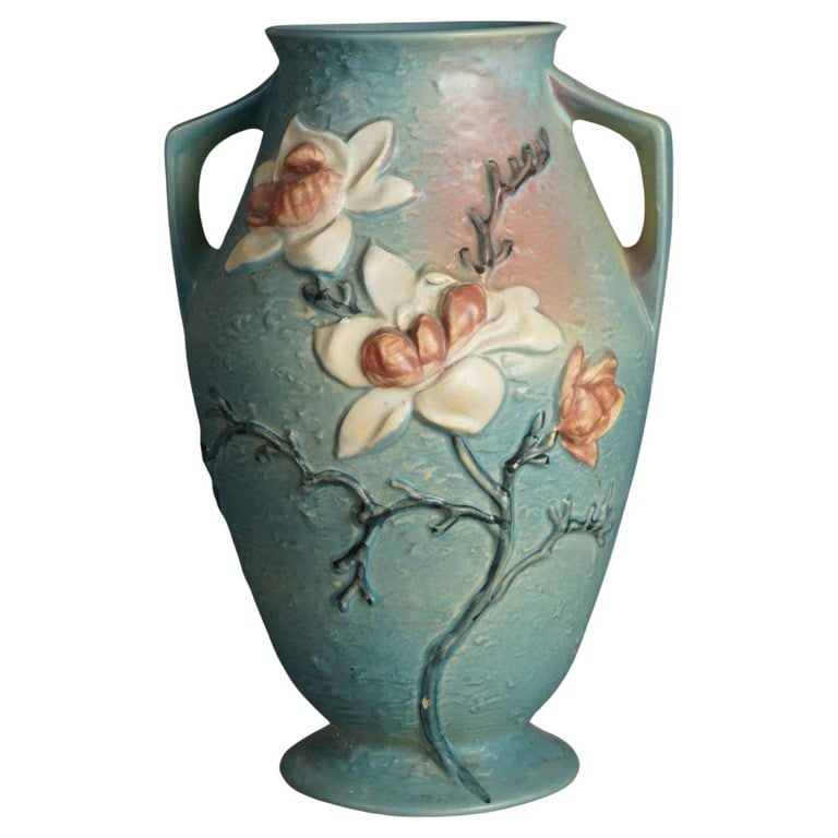 Large Roseville Art Pottery Vase, Magnolia in Blue, Signed, C1940 (1 of 7)