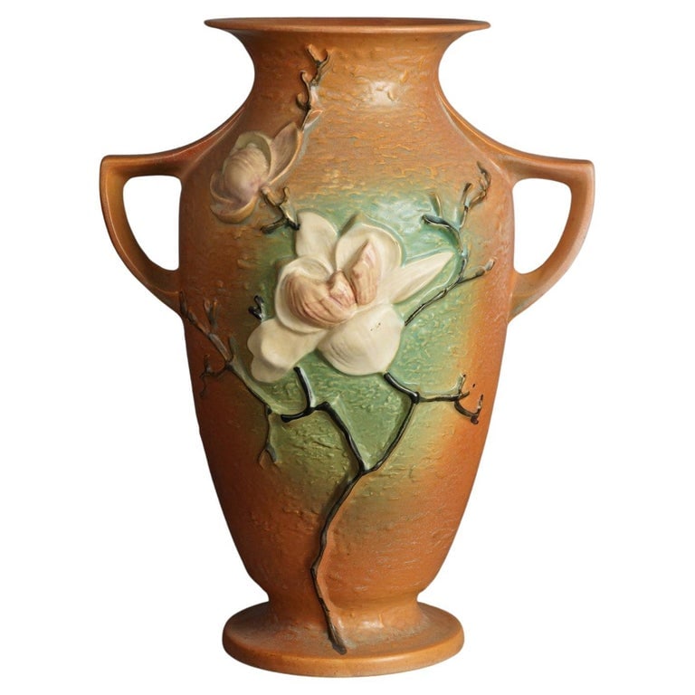 Large Roseville Art Pottery Double Handled Brown Magnolia Vase C1940 (1 of 8)