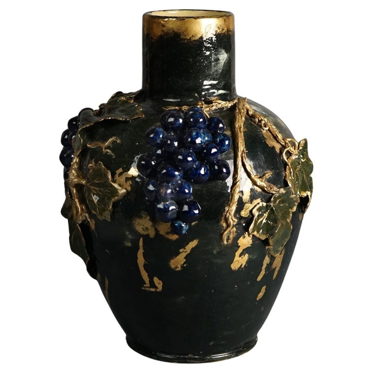 Antique French Bradwell Barbotine School Grape & Leaf Pottery Vase c1890 (1 of 11)