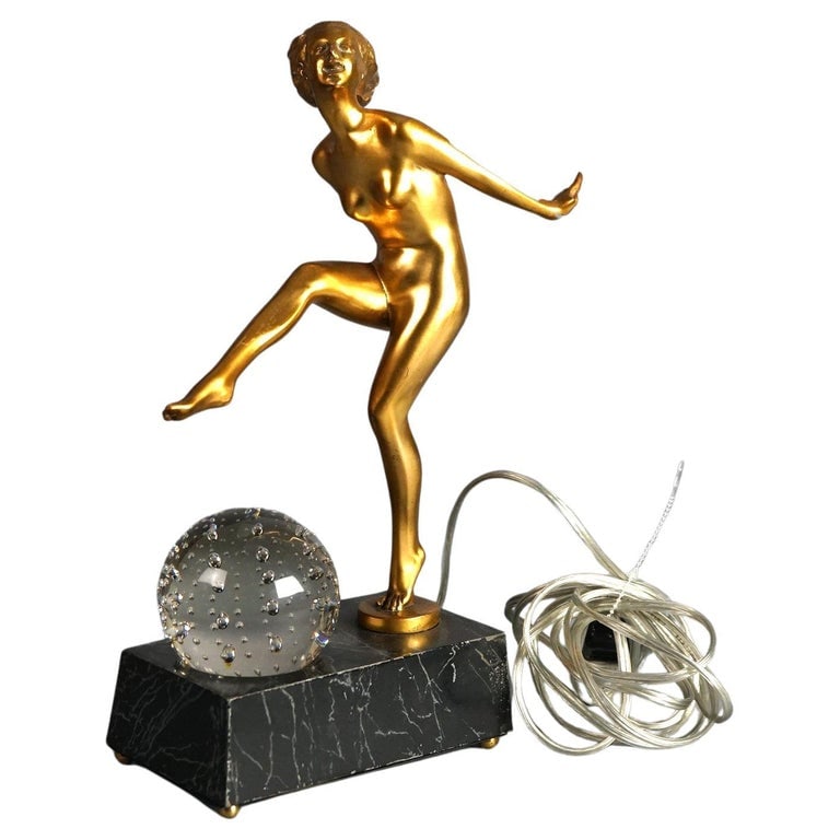 Frankart School Art Deco Bronze & Crystal Sculptural Lamp, Woman & Ball, C1930 (1 of 7)