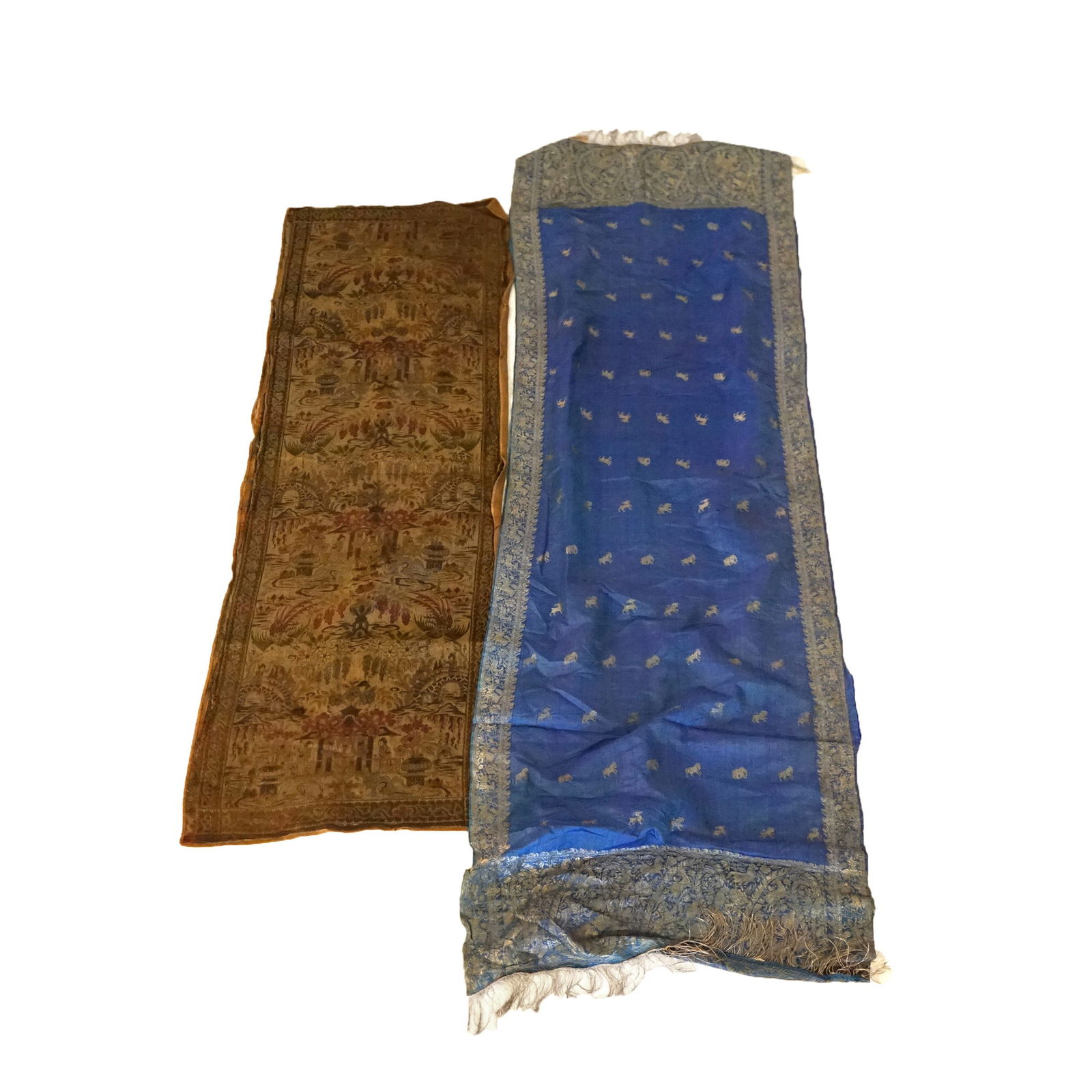 Two Antique Chinese Embroidered Table Runners C1920: Two Antique Chinese Embroidered Table Runners C1920Measures- 67" x 21" blue runner*** OPTIONAL SHIPPING & DELIVERY - While onsite retrieval is always welcome at no charge, we offer IN-HOUSE SHIPPING &