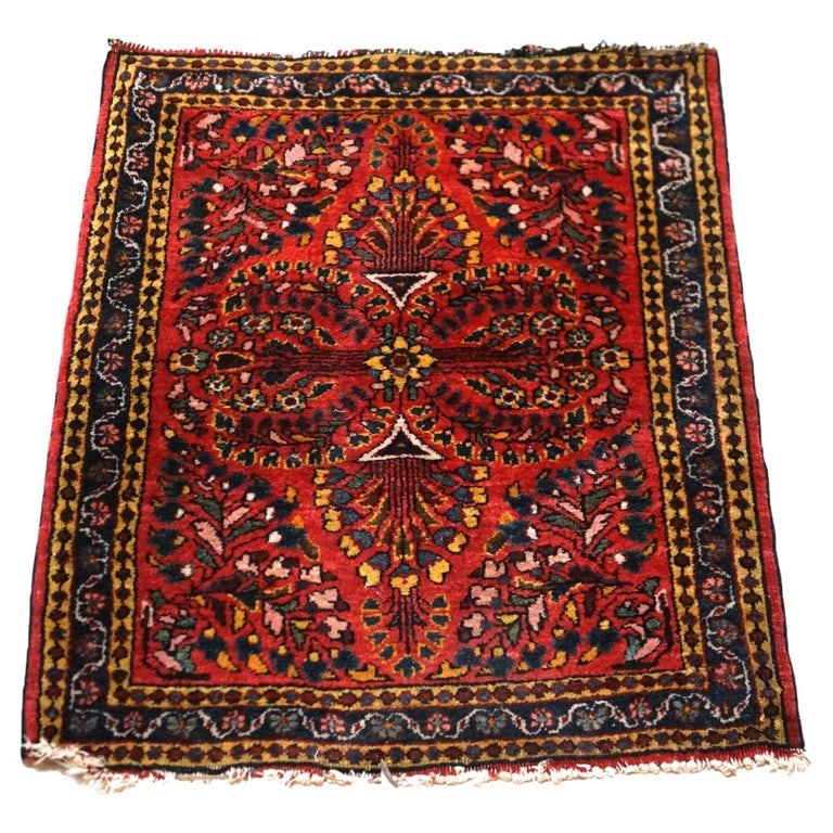 Antique Sarouk Persian Wool Throw Rug with Floral Spray & Border C1930 (1 of 9)