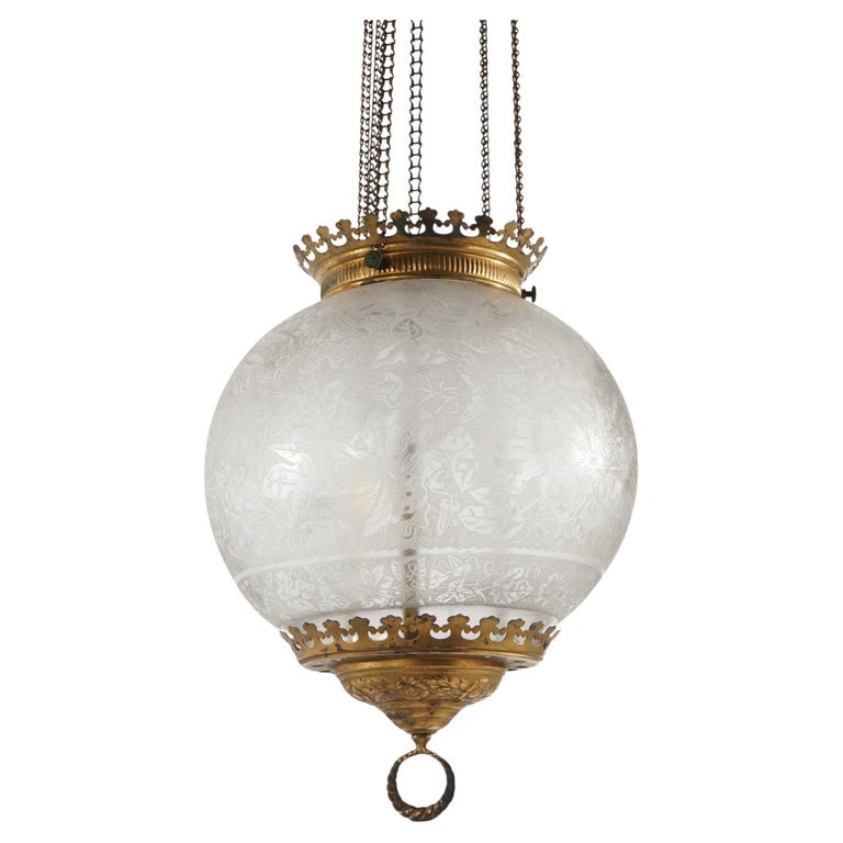 Antique Brass Hanging Pendant Light with Floral Etched Glass Globe c1890 (1 of 7)