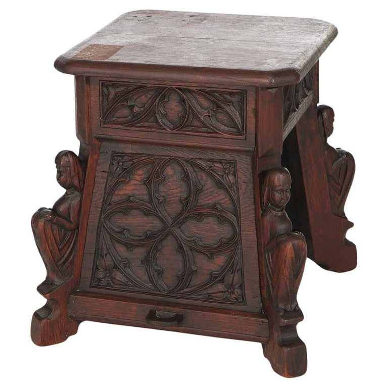 English Gothic Revival Figural Deeply Carved Oak Stand C1870 (1 of 8)