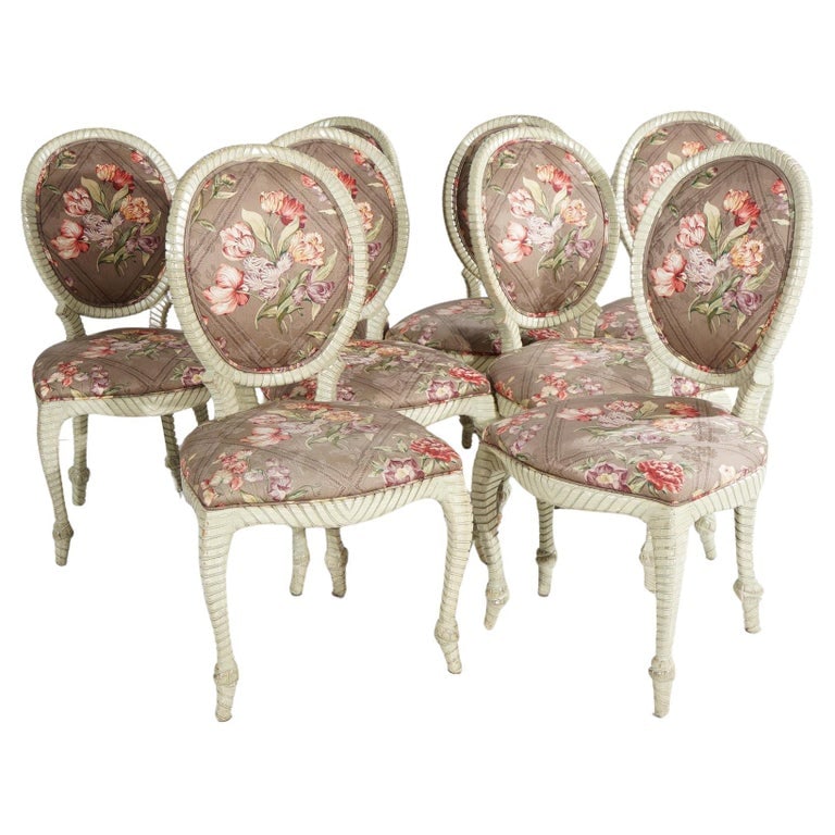 Eight Vintage Louis XVI Style Rope Twist, Floral Upholstered Dining Chairs 20thC (1 of 10)