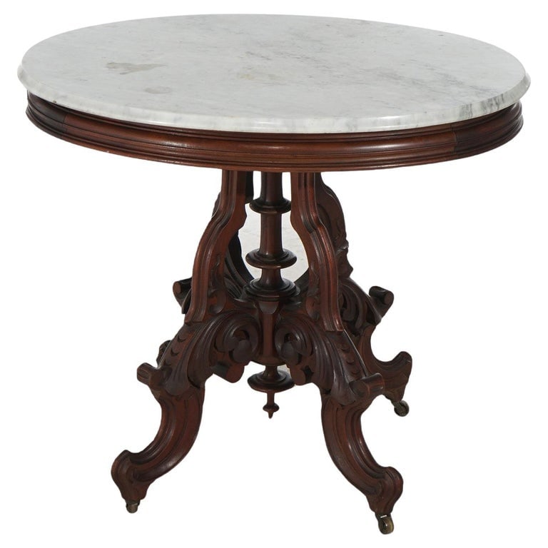 Antique Brooks (attr) Oval Victorian Carved Walnut & Marble Top Table C1870 (1 of 13)