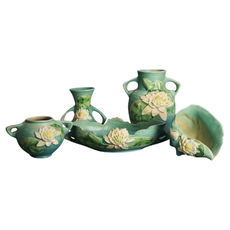 Five Pieces of Blue Roseville Art Pottery with Water Lily Pattern Mid 20th (1 of 10)