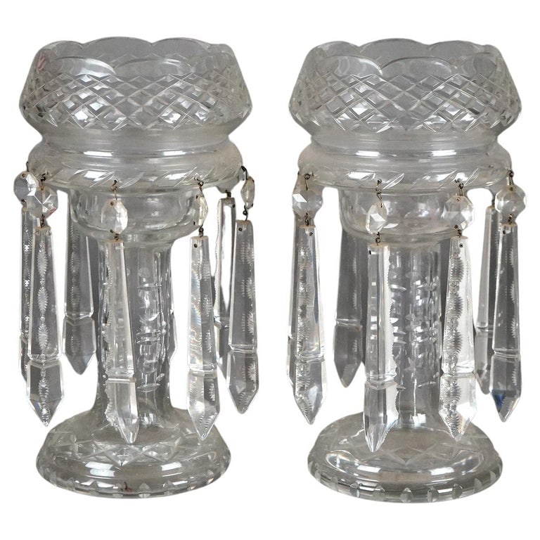 Pair of Antique Pressed Clear Glass & Cut Crystal Mantle Lusters C1890: Pair of Antique Pressed Clear Glass & Cut Crystal Mantle Lusters C1890. Measures - 13"H x 7" x 7". *** OPTIONAL SHIPPING & DELIVERY - While onsite retrieval is always welcome at no charge, we offer IN
