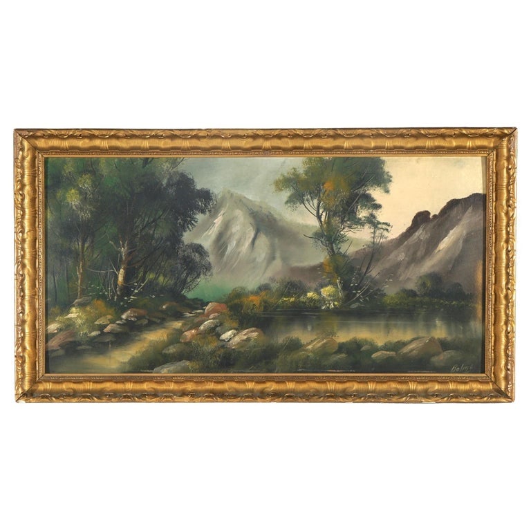 Antique Hudson River School Oil on Board Mountainous Landscape Painting C1910 (1 of 10)