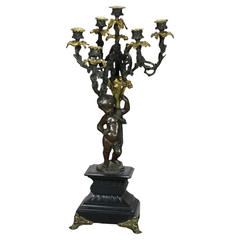 Antique French Parcel Gilt Bronze & Slate Figural 27" Candelabra with Cherub 19thC (1 of 11)