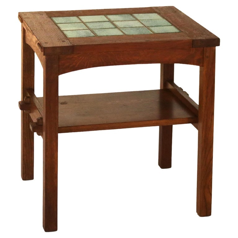 Stickley Arts & Crafts Oak and Grueby Style Tile Top Side Table 20thC (1 of 10)