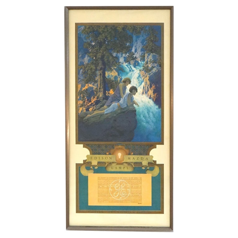 Large Art Deco Maxfield Parrish Waterfall Edison Mazda Calendar, Framed, C1931: Antique Large Art Deco Maxfield Parrish Waterfall Edison Mazda Calendar, Framed, C1931. Measures - 39"h x 18 3/4"w x 1 /2"d. *** OPTIONAL SHIPPING & DELIVERY - While onsite retrieval is always welcome