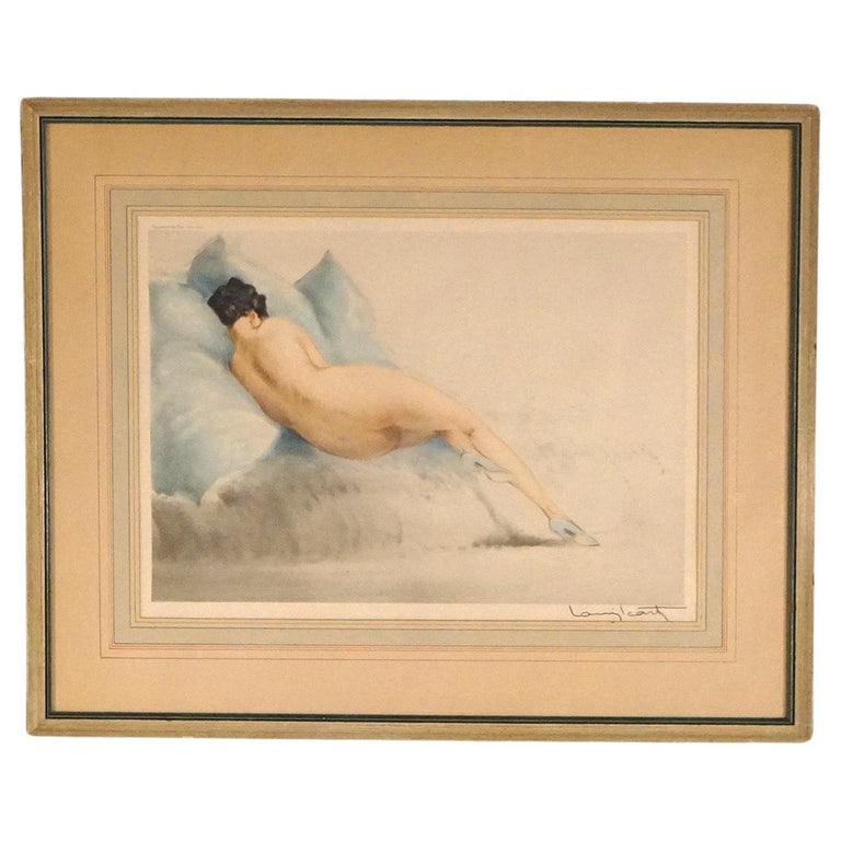 Art Deco Louis Icart Etching of Reclining Nude Woman, Signed, C1920: Art Deco Louis Icart Etching of Reclining Nude Woman. Framed and Signed Lower Right, C1920. Measures - 19.5"H x 24.25"W x .75"D. *** OPTIONAL SHIPPING & DELIVERY - While onsite retrieval is always wel