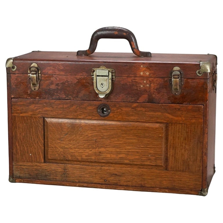 Antique Oak Machinist Tool Chest with Leather Handle C1920 (1 of 11)
