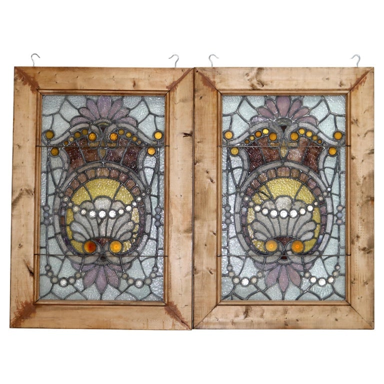 Pair Antique Leaded Stained & Jeweled Glass Windows with Stylized Shells C1910 (1 of 12)