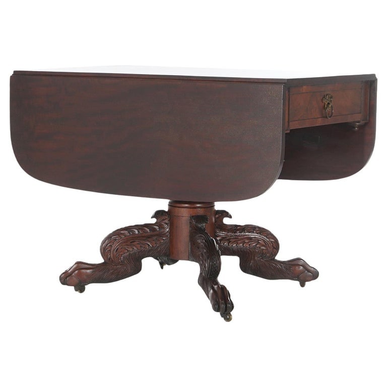 Antique American Empire Classical Carved Mahogany Drop Leaf Table with Paw Feet (1 of 12)