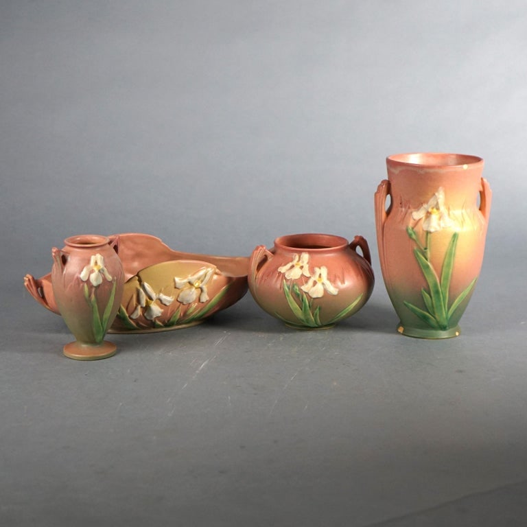Four Pink Roseville Art Pottery Items with Iris Pattern Mid 20thC (1 of 6)
