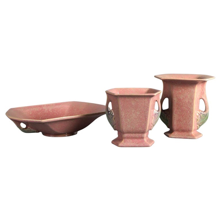 Three Pink Roseville Art Pottery Items with Tuscany Pattern Mid 20thC (1 of 8)