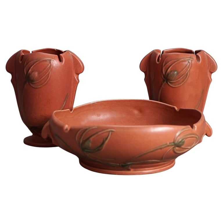 Three Pieces of Brown Roseville Art Pottery in Teasel Pattern Mid 20thC (1 of 5)