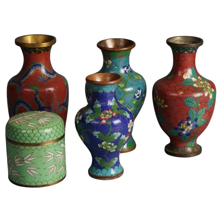 Five Antique Japanese Cloisonne Floral Enameled Vases & Covered Box C1920 (1 of 7)