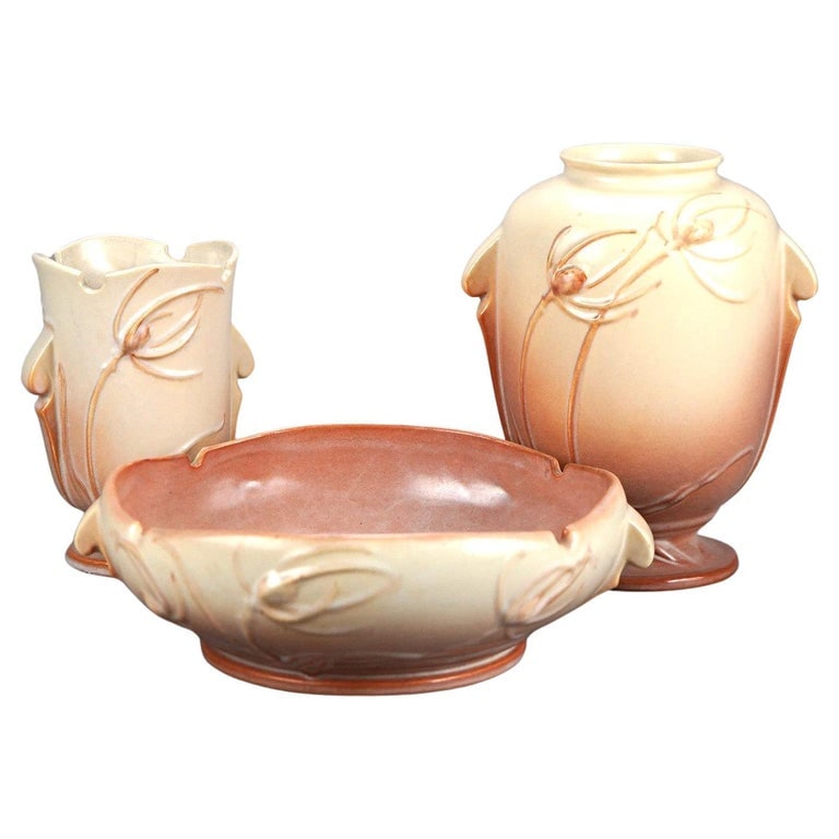 Three Tan & Pink Roseville Art Pottery with Teasel Pattern Mid 20thC (1 of 4)