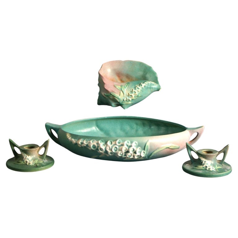 Four Green Roseville Art Pottery Items with Foxglove Pattern Mid 20thC (1 of 9)