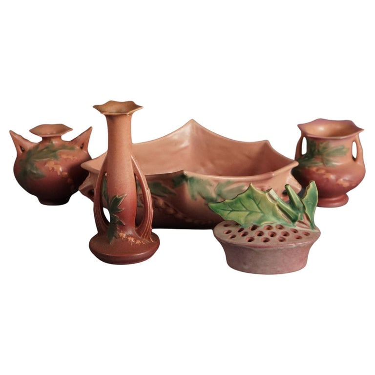 Five Pieces of Pink Roseville Art Pottery with Bleeding Heart Pattern Mid 20thC (1 of 8)
