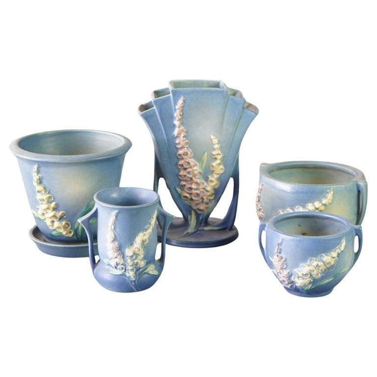 Five Blue Roseville Art Pottery Items with Foxglove Pattern Mid 20thC (1 of 7)