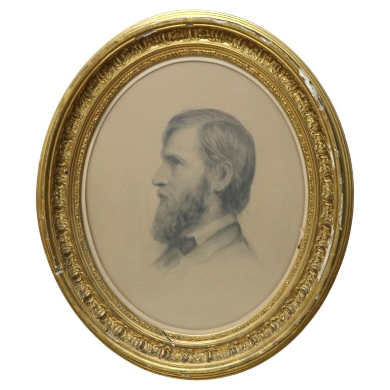 Antique Giltwood Framed Pencil Drawing Portrait of a Man, Unsigned, 19thC (1 of 10)