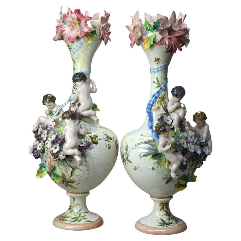 Large 32" Antique Capodimonte Figural Cherub & Floral Pottery Floor Vases c1890 (1 of 18)