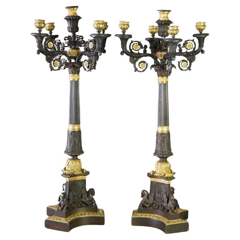 Antique Pair Large 31" French Empire Parcel Gilt Bronze Figural Candelabras 19th C (1 of 15)