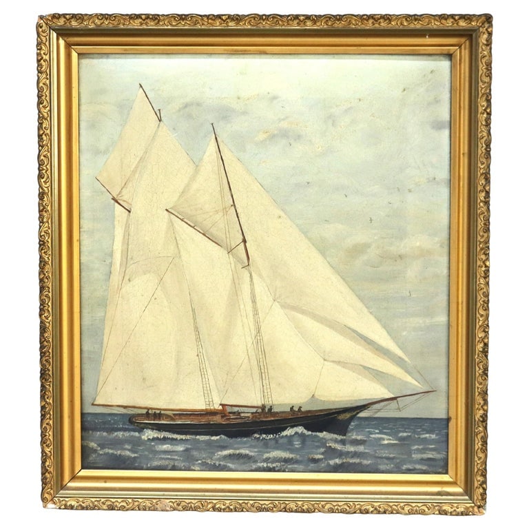 Oil on Board Painting, Seascape with a Tall Mast Sailing Ship, Framed, C1900 (1 of 11)