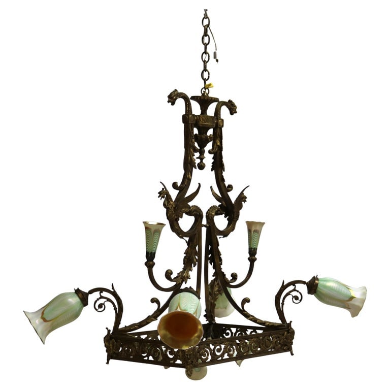 Antique Art Nouveau Caldwell & Quezal Art Glass Figural Bronze Chandelier C1900 (1 of 9)