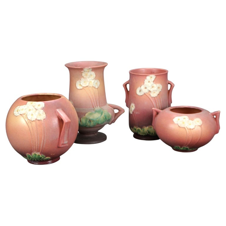 Four Pink Roseville Art Pottery Items with Primrose Pattern Mid 20thC (1 of 10)