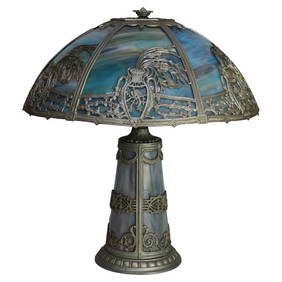 Antique Bradley & Hubbard School Aesthetic Six-Panel Slag Glass Table Lamp c1920 (1 of 13)