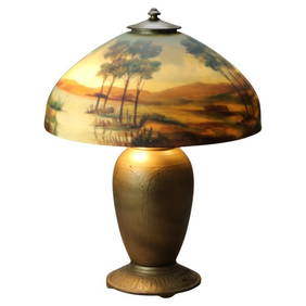 Arts & Crafts Jefferson Reverse Painted Table Lamp with Landscape Scene C1920 (1 of 8)