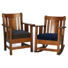 Arts & Crafts Charles Stickley Slat Back Mission Oak Rocker & Armchair c1920 (1 of 14)