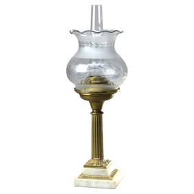 Antique Brass & Marble Solar Oil Lamp with Grape Etched Glass Shade C1850 (1 of 8)