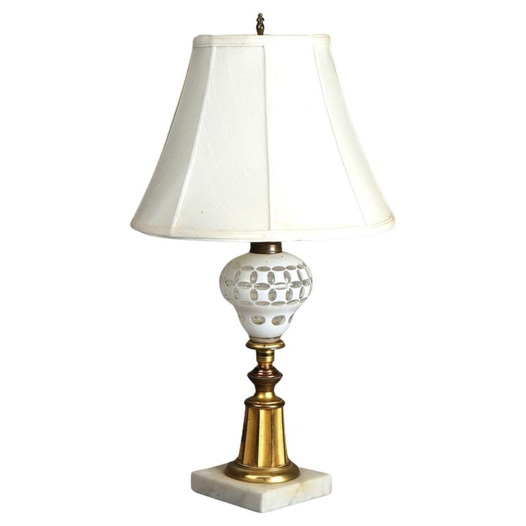 Antique Solar Kerosene Gilt Brass & Opalescent Cut To Clear Glass Base C1860 (1 of 7)