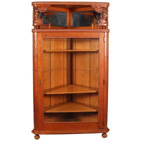 Antique R. J. Horner School Deeply Carved Stick & Ball Oak Corner China Cabinet (1 of 11)