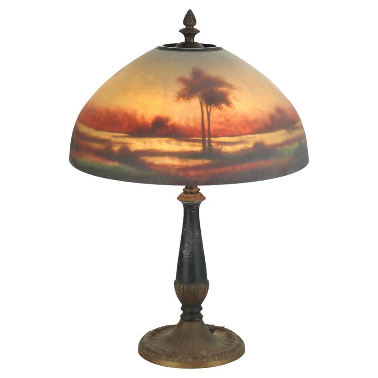 Antique Rainaud Reverse Painted Landscape Table Lamp Signed (1 of 9)