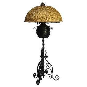 Arts & Crafts Wrought Iron Table Lamp with Reticulated Shade & Red Glass Liner C1920 (1 of 15)