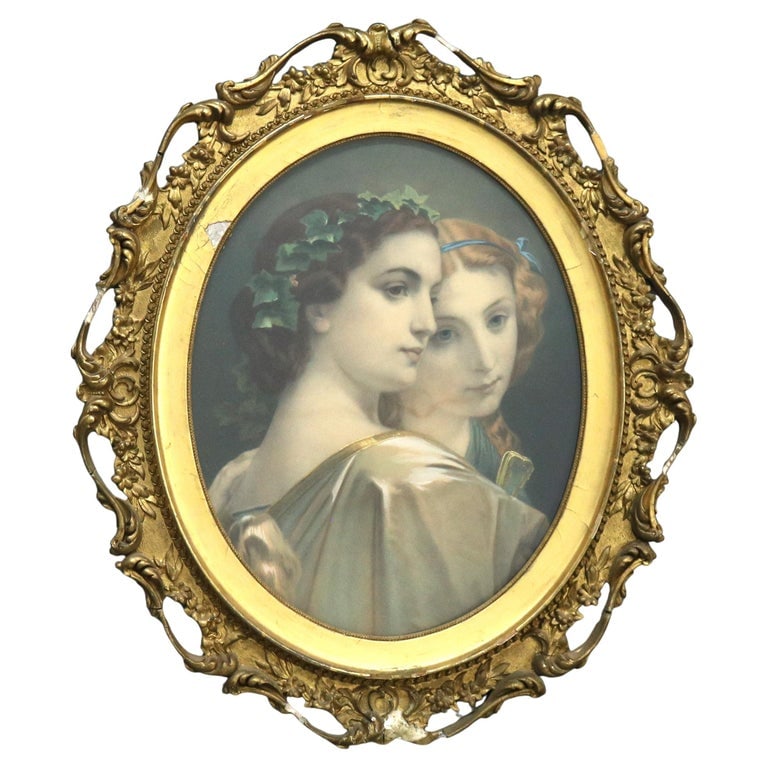 Antique 28" Print of Two Classical Women, Giltwood Framed, C1890 (1 of 12)