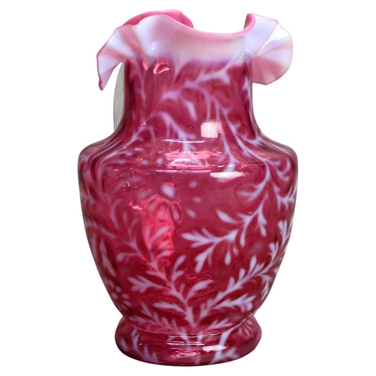 Antique Victorian Cranberry and Opalescent Glass Pitcher with Ruffled Rim C1900 (1 of 13)