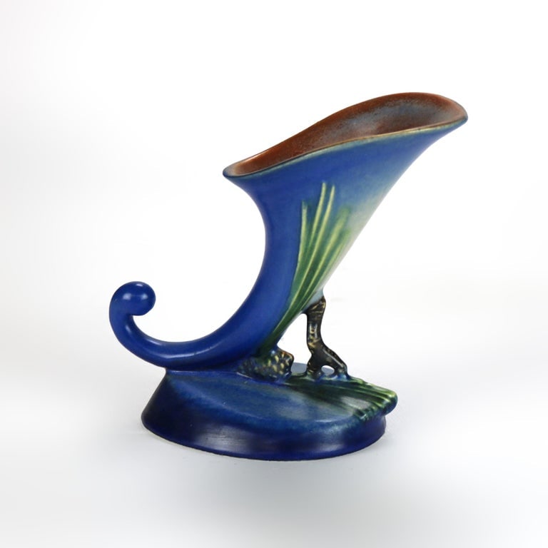 Roseville Art Pottery Dark Blue Cornucopia Vase with Pinecone Pattern Mid 20thC (1 of 6)