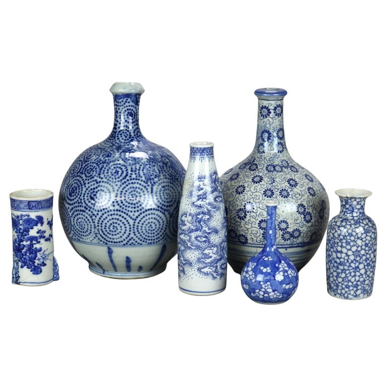 Six Antique Chinese Blue & White Stoneware Vases C1920 (1 of 7)