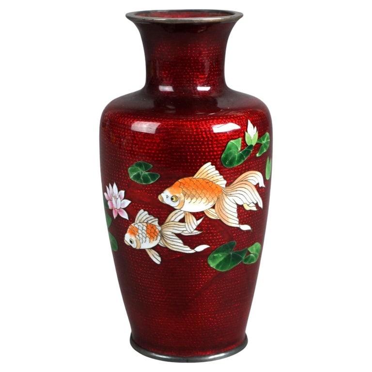 Antique Japanese Cloisonne Enameled Vase with Koi Fish Decoration C1930 (1 of 7)