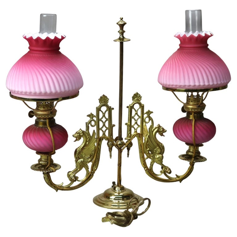 Figural Dragon Brass & Gilt Bronze Double Arm Student Lamp c1890 (1 of 9)